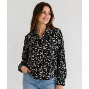 Foxcroft For Appleseed's Shirt Womens 12 Shaped‎ Black Polka Dot No Iron